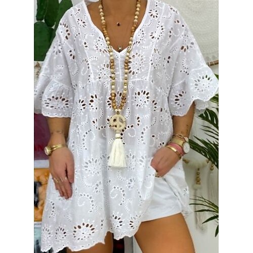 

Women's Plus Size Tops Blouse Solid Color Cut Out Half Sleeve V Neck Casual Daily Vacation Cotton Fall Winter White