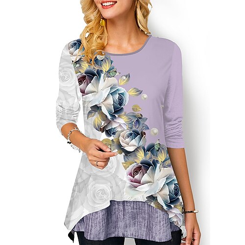 

Mulheres Camisa Social Blusa Preto Branco Vermelho Floral Imprimir Manga Longa Feriado Final de semana Roupa de rua Casual Decote Redondo Longo Tema Flores S