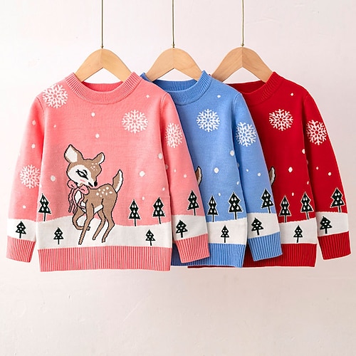 

Kids Girls' Sweater Animal School Long Sleeve Active 2-8 Years Winter Light Blue Pink Red