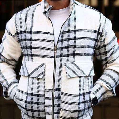 

Men's Shirt Overshirt Shirt Jacket Plaid Check Stand Collar Black / White Long Sleeve Street Daily Zipper Tops Basic Fashion Casual Comfortable