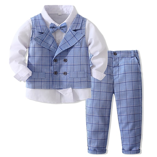 

3 Pieces Toddler Boys Shirt & Pants Clothing Set Outfit Plaid Long Sleeve Cotton Set Gentle Fall Spring 1-5 Years Blue