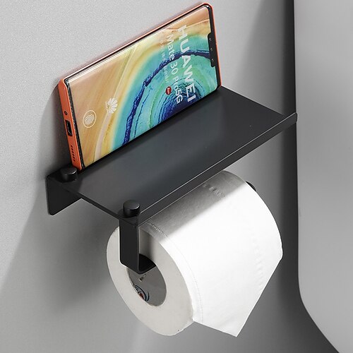 

Wall Mounted Black Toilet Paper Holder Space Aluminum Bathroom Paper Holder with Phone Shelf Black Roll Paper Holder Tissue Boxes