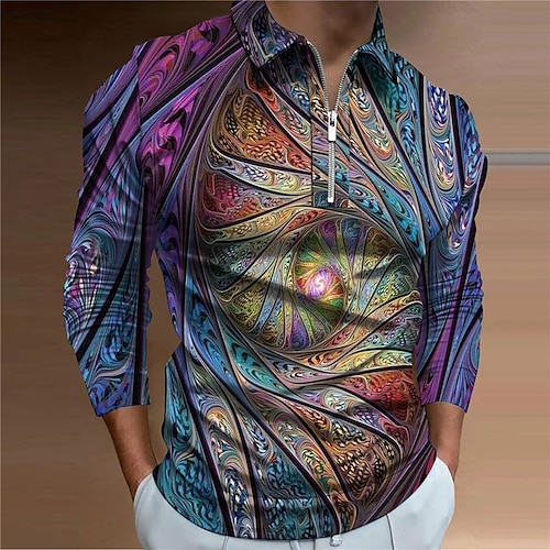 

Men's Collar Polo Shirt Golf Shirt Optical Illusion Turndown Rainbow 3D Print Outdoor Street Long Sleeve Zipper Print Clothing Apparel Fashion Designer Casual Breathable
