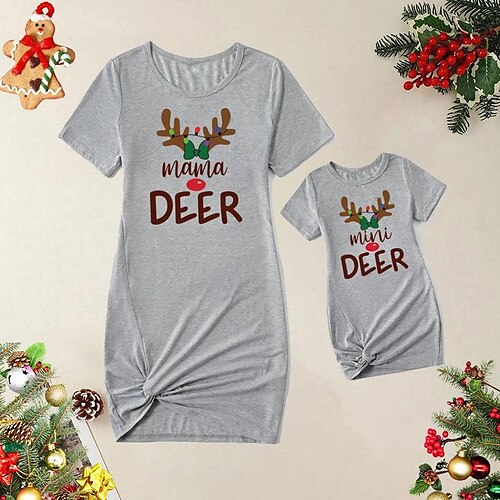 

Mommy and Me Ugly Christmas Dresses Cartoon Letter Deer Home Pink Grey Short Sleeve Active Matching Outfits
