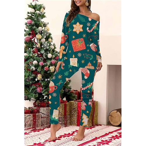 

Women's ChristmasPjs Pajamas Sets 2 Pieces Snowflake Trees Comfort Soft Home Bed Cotton Spandex Jersey Long Sleeve T shirt Tee Pant Elastic Waist Winter Fall Green Red