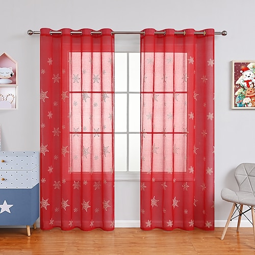 

Christmas Sheer Curtains for Living Room Snowflake Embroidered Christmas Kitchen Sheer Curtains Christmas Decorations Red White Sheer Curtains for Bedroom Window Drapes 1 Panel