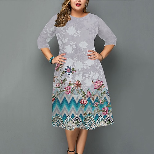 

Women's Plus Size Work Dress Floral Crew Neck 3/4 Length Sleeve Fall Winter Work Elegant Knee Length Dress Going out Work Dress