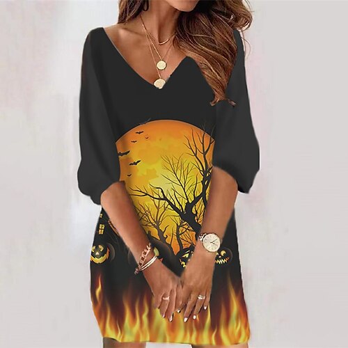 

Women's Shift Dress Sweat Dress Short Mini Dress Yellow Orange 3/4 Length Sleeve Pumpkin Print Fall Winter V Neck Vacation Casual 2022 S M L XL XXL 3XL