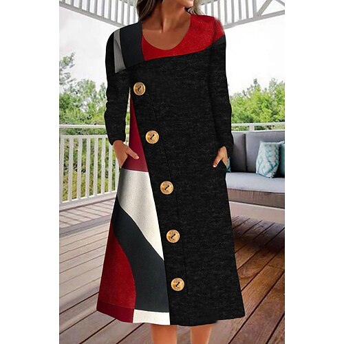 

Women's Casual Dress Midi Dress Black Long Sleeve Color Block Button Winter Fall Autumn Crew Neck Modern Winter Dress Weekend Fall Dress 2022 S M L XL 2XL 3XL