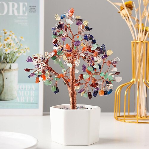 

Halloween Natural Crystal Potted Seven Color Gemstone Pink Purple Fluorite Gravel Handmade Lucky Tree Home Decoration Ornaments