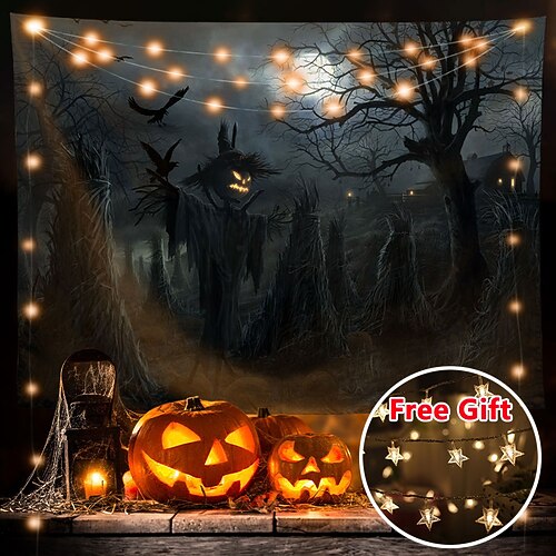 

Halloween Party Wall Tapestry Art Decor Blanket Curtain Hanging Home Bedroom Living Room Decoration Polyester Ghost Pumpkin Graveyard Bat Witch(with LED String Lights)