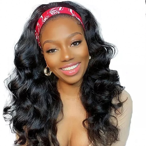 

Remy Human Hair Wig Body Wave With Headband Natural Black Adjustable Natural Hairline Glueless Machine Made Capless Indian Hair All Natural Black #1B 12-20 inch Daily Wear Party & Evening