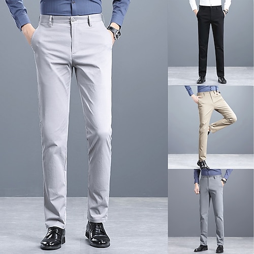 

Men's Dress Pants Chinos Trousers Pocket Solid Color Comfort Breathable Business Casual Daily Cotton Blend Retro Vintage Formal Black Khaki Stretchy / Summer
