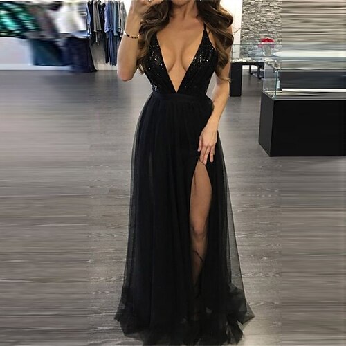 

Women's Party Dress Sequin Dress Swing Dress Long Dress Maxi Dress Black Wine Sleeveless Pure Color Sequins Winter Fall Autumn Deep V Mature Party Evening Party 2022 S M L XL