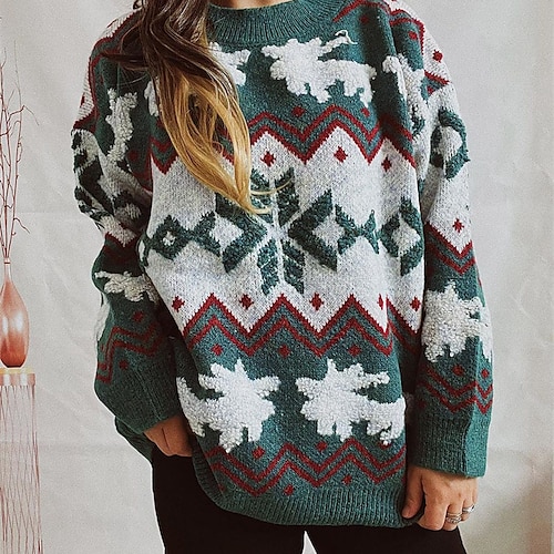 

Women's Ugly Christmas Sweater Pullover Sweater Jumper Ribbed Knit Knitted Animal Crew Neck Stylish Soft Christmas Holiday Winter Fall Dusty Blue Red S M L / Long Sleeve / Geometric / Regular Fit