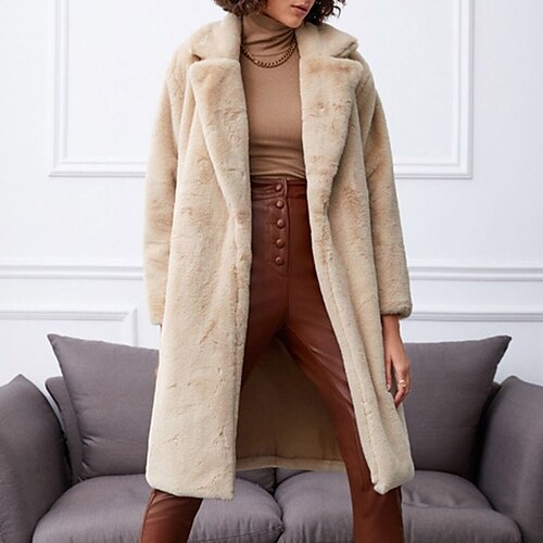 

Women's Faux Fur Coat Windproof Warm Outdoor Street Shopping Going out Fur Collar Cardigan Lapel Fashion Elegant Street Style Plush Solid Color Regular Fit Outerwear Long Sleeve Winter Fall Khaki S M