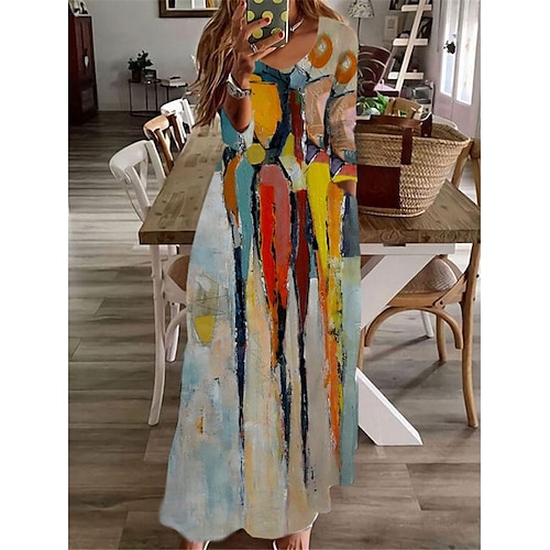 

Women's Casual Dress Swing Dress Long Dress Maxi Dress Rainbow Long Sleeve Color Gradient Pocket Winter Fall V Neck Winter Dress Fall Dress 2022 S M L XL XXL 3XL