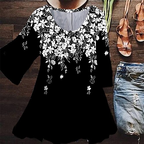 

Women's Plus Size Tops Blouse Shirt Floral Print 3/4 Length Sleeve Crewneck Casual Daily Holiday Cotton Spandex Jersey Fall Winter Black