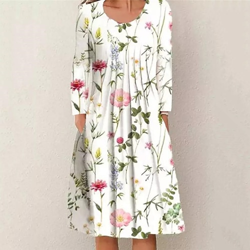 

Women's Casual Dress Shift Dress Midi Dress White Long Sleeve Floral Pocket Winter Fall Autumn Winter Dress Fall Dress Loose Fit 2022 S M L XL XXL 3XL