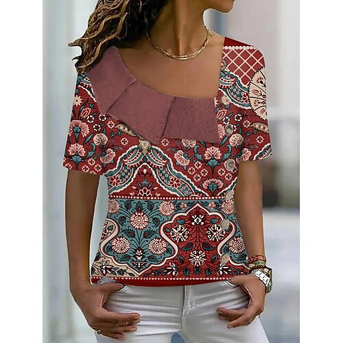 

Women's T shirt Tee Red Graphic Print Short Sleeve Casual Weekend Basic V Neck Regular Painting S / 3D Print