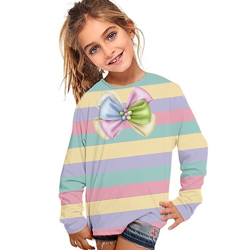 

Kids Girls' T shirt Stripe Outdoor 3D Print Long Sleeve Active 3-12 Years Winter Rainbow