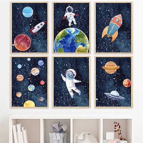 

Cartoon Prints Space Astronaut Planet Rocket Earth UFO Modern Wall Art Wall Hanging Gift Home Decoration Rolled Canvas Unframed Unstretched Painting Core
