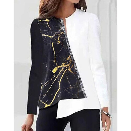 

Women's Shirt Leopard Color Block Daily Weekend Floral Shirt Long Sleeve Asymmetric Print V Neck Streetwear Casual Black Silver S / 3D Print