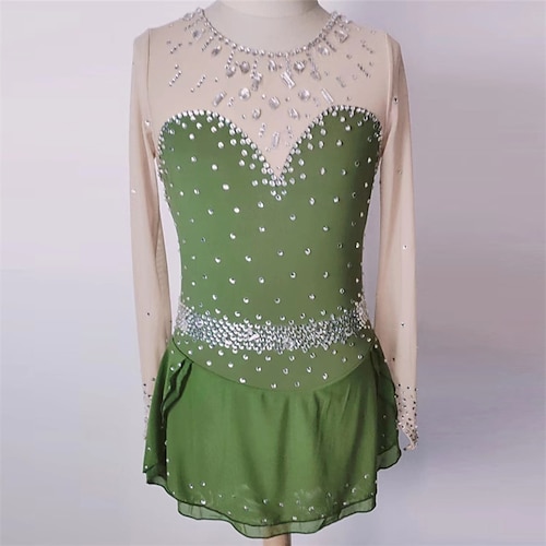 

Figure Skating Dress Women's Girls' Ice Skating Dress Green Thumbhole Spandex High Elasticity Training Competition Skating Wear Handmade Crystal / Rhinestone Long Sleeve Ice Skating Figure Skating