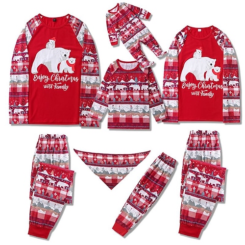 

Family Christmas Pajamas Ugly Cotton Letter Bear Home Red Long Sleeve Mom Dad and Me Daily Matching Outfits