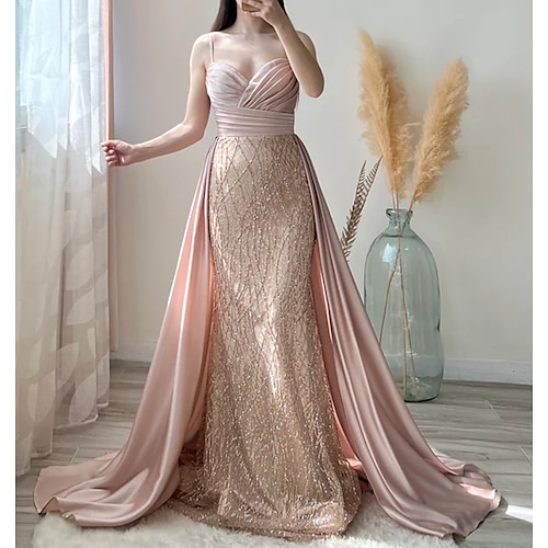 

Mermaid / Trumpet Evening Gown Luxurious Dress Formal Court Train Sleeveless Spaghetti Strap Charmeuse with Sequin Overskirt 2022