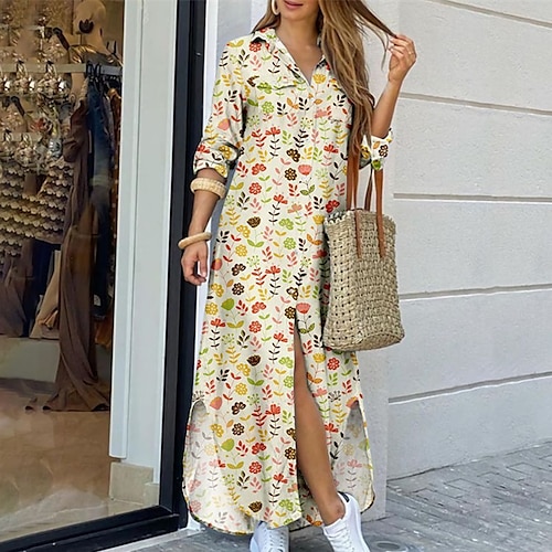 

Women's Casual Dress Shirt Dress Shift Dress Long Dress Maxi Dress Pink Yellow Dark Blue Long Sleeve Floral Button Winter Fall Autumn Shirt Collar Mature Winter Dress Weekend Fall Dress 2022 S M L XL