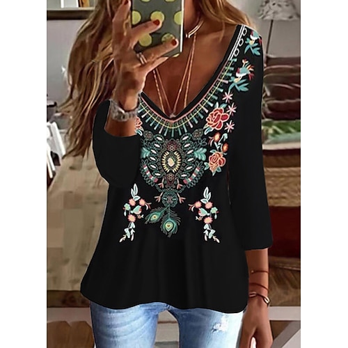 

Women's T shirt Tee Green Blue Black Floral Print Long Sleeve Daily Weekend Basic Ethnic V Neck Regular Floral Painting M / 3D Print