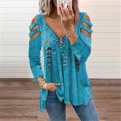 

Women's Blouse Shirt Tunic Green Blue Purple Feather Cut Out Flowing tunic Long Sleeve Holiday Weekend Casual V Neck Regular Floral S / Print