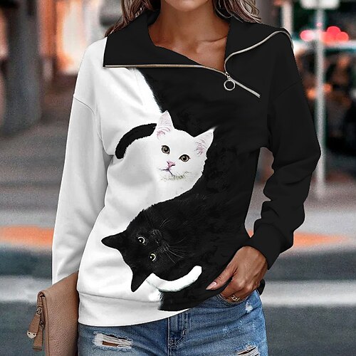 

Sweat shirt Sweat Femme Actif Vêtement de rue Noir Bloc de couleur Chat Des sports Col V manche longue S M L XL XXL