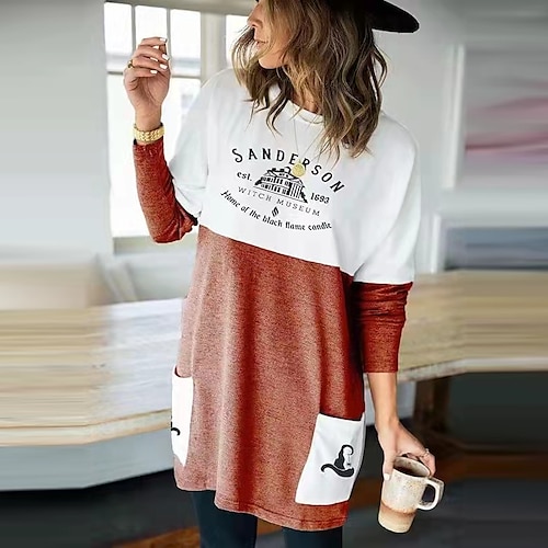 

Women's Casual Dress T Shirt Dress Tee Dress Short Mini Dress Photo Color Long Sleeve Color Block Letter Christmas hat Pocket Print Spring Winter Crew Neck Casual Modern 2022 S M L XL XXL 3XL