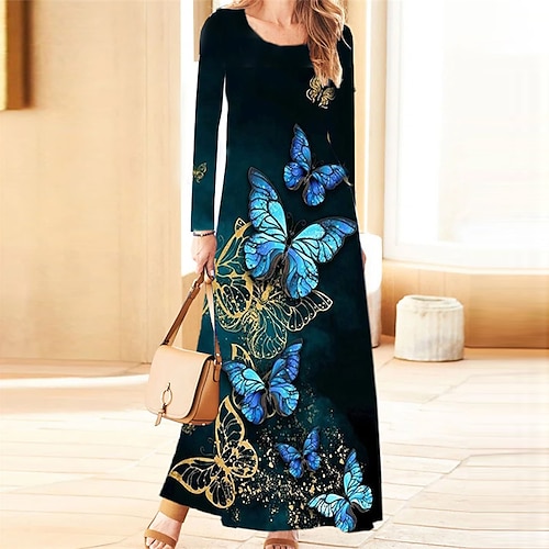 

Women's Casual Dress Swing Dress Long Dress Maxi Dress Blue Long Sleeve Animal Pocket Winter Fall Autumn V Neck Winter Dress Fall Dress 2022 S M L XL XXL 3XL