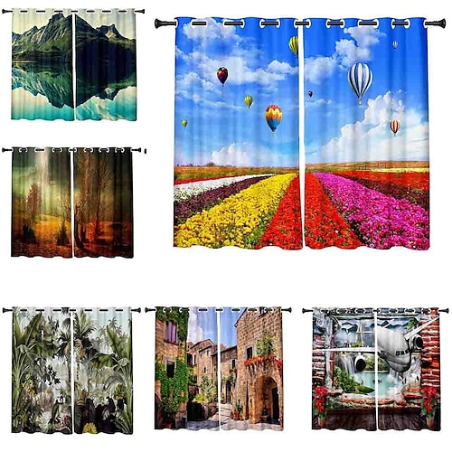 

3D Print Blackout Curtain Feather Print Curtain Drapes for Living Room Thermal Insulated Grommet Window Curtains for Bedroom 1 set / PVC Bag Natural scenery Woods Trees Towers