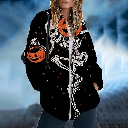 

Women's Hoodie Jacket Warm Breathable Outdoor Halloween Daily Wear Going out Zipper Pocket Print Zipper Hoodie Vintage Sports Comfortable Street Style Skull Regular Fit Outerwear Long Sleeve Winter