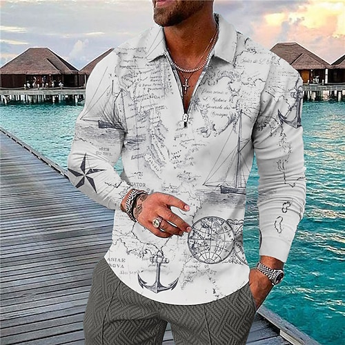 

Men's Collar Polo Shirt Golf Shirt Letter Map Turndown Gray 3D Print Outdoor Street Long Sleeve Zipper Print Clothing Apparel Fashion Designer Casual Breathable