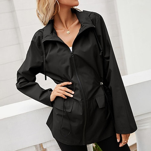 

Women's Casual Jacket Waterproof Warm Outdoor Casual Daily Hiking Zipper Pocket Drawstring Zipper Lapel Active Comfortable Solid Color Regular Fit Outerwear Long Sleeve Winter Fall Black Light Grey