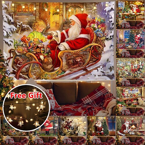 

Christmas Party Wall Tapestry Holiday Fireplace Santa Claus Gift Art Decor Blanket Curtain Hanging Home Bedroom Living Room Decoration Polyester (with LED String Lights)