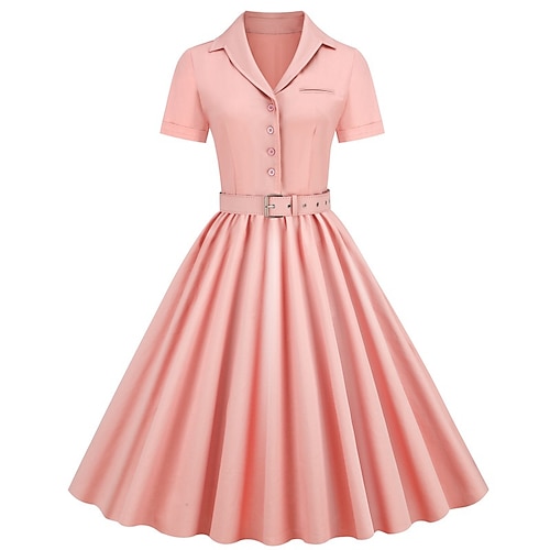 

vestidos de chá vintage femininos vestido swing vestido midi rosa vermelho verde escuro manga curta cor pura primavera outono inverno camisa gola 1950 férias chá festa outono 2023 s m l xl xxl