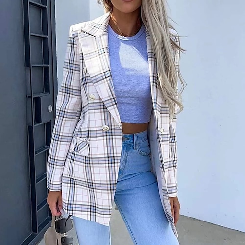 

Women's Blazer Warm Breathable Outdoor Office Work Pocket Print Single Breasted Turndown OL Style Elegant Modern Stripes and Plaid Regular Fit Outerwear Long Sleeve Winter Fall Pink Gray S M L XL XXL