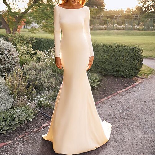 

Mermaid / Trumpet Wedding Dresses Jewel Neck Court Train Stretch Fabric Long Sleeve Simple Sexy Backless Party with Buttons 2022