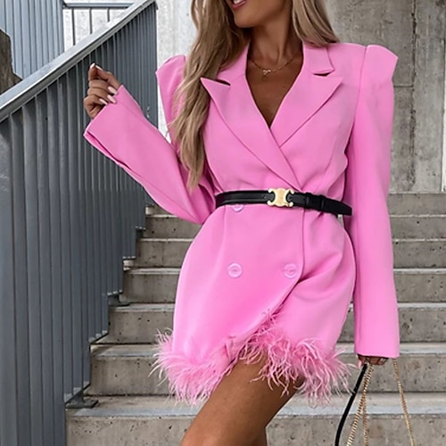 

Women's Feather Dress Blazer Dress Short Mini Dress Green Black Pink Long Sleeve Pure Color Button Feather Fall Winter Shirt Collar Elegant Modern 2022 S M L XL
