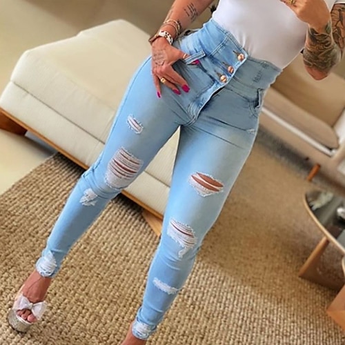 

Dame Distressed Jeans Jeggings Denimstof Blå Sort Høj Talje Mode Afslappet Weekend Sidelommer Ribbet Mikroelastisk Ankel-længde Mavekontrol Vanlig S M L XL XXL / Tynd