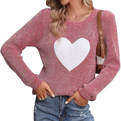 

Women's Pullover Sweater jumper Jumper Ribbed Knit Knitted Heart Crew Neck Stylish Casual Outdoor Daily Winter Fall Red S M L / Long Sleeve / Regular Fit / Going out