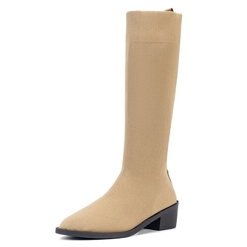 

Women's Boots Daily Knee High Boots Winter Chunky Heel Pointed Toe Casual Minimalism PU Leather Loafer Solid Colored Black Khaki