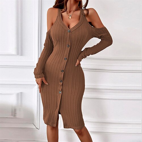 

Women's Sweater Dress Winter Dress Bodycon Camel Long Sleeve Pure Color Button Knit Winter Fall V Neck Stylish Sexy 2022 S M L XL Sheath Dress