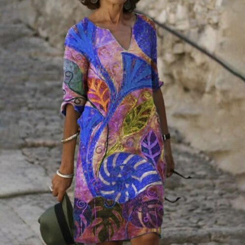 

Women's Casual Dress Shift Dress Knee Length Dress Green Gray Purple Half Sleeve Print Print Fall Winter V Neck Casual 2022 S M L XL 2XL 3XL
